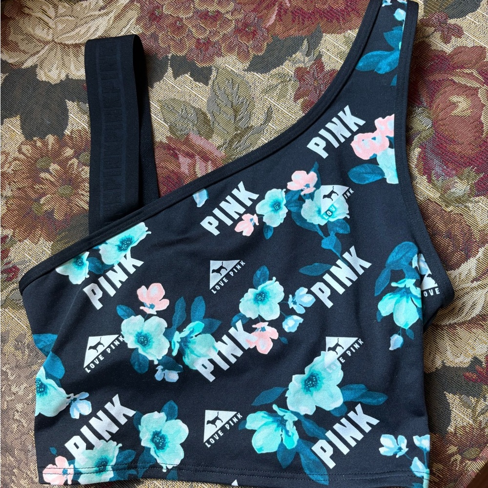 PINK Victoria's Secret Black and Blue Floral One-Shoulder Crop Top